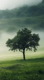 Solitary hillside tree converses softly with drifting morning mist