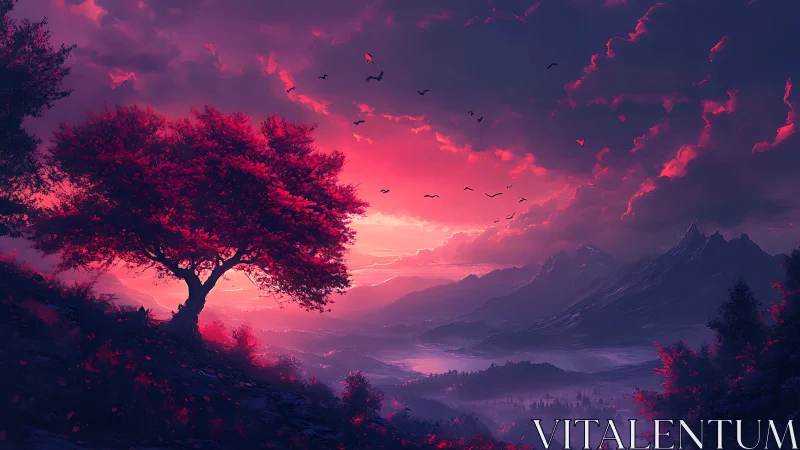 Crimson dreamtree overlooking violet storm-kissed valley.