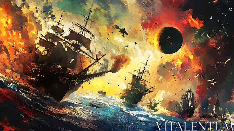 Burning armada beneath an ominous eclipsed sun at sea.