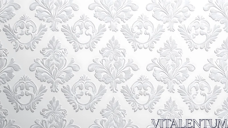 White baroque damask wallpaper casts soft sculpted shadows