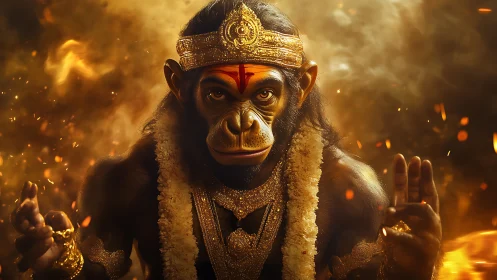 Divine monkey deity glows amid swirling golden embers.