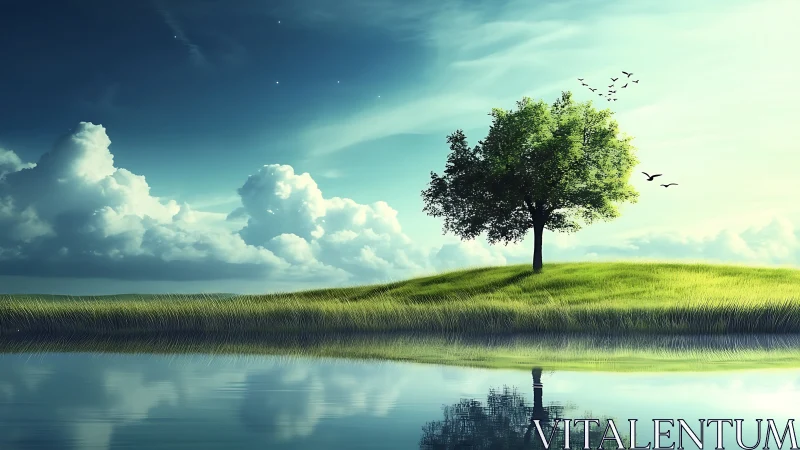 Lone tree on windblown hill mirrored in tranquil lake at dawn.