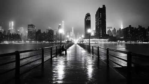 Foggy city pier glowing softly against the night skyline.