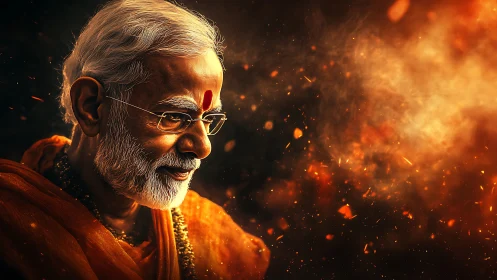 Ember-crowned elder in saffron, smiling through sparks.