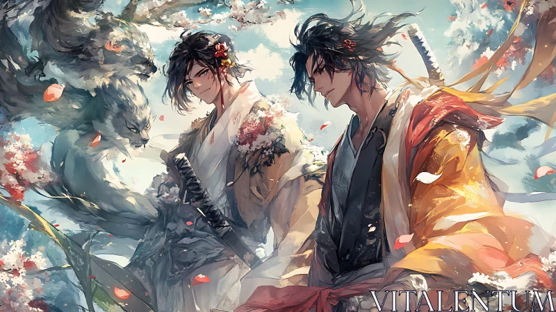 Samurai twins command spirit wolves under sakura sky.