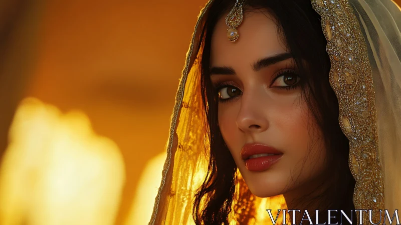 Photorealistic portrait with jeweled veil and warm backlight.