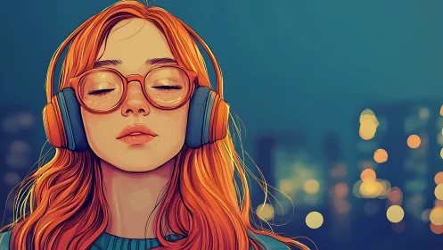 Red-haired girl in headphones drifts into city night calm.