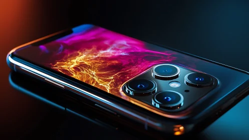 Sleek smartphone glows with vibrant neon fire display lighting