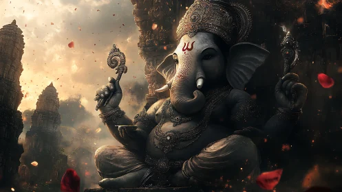 Majestic Ganesha idol amid cinematic temple ruins at dusk.