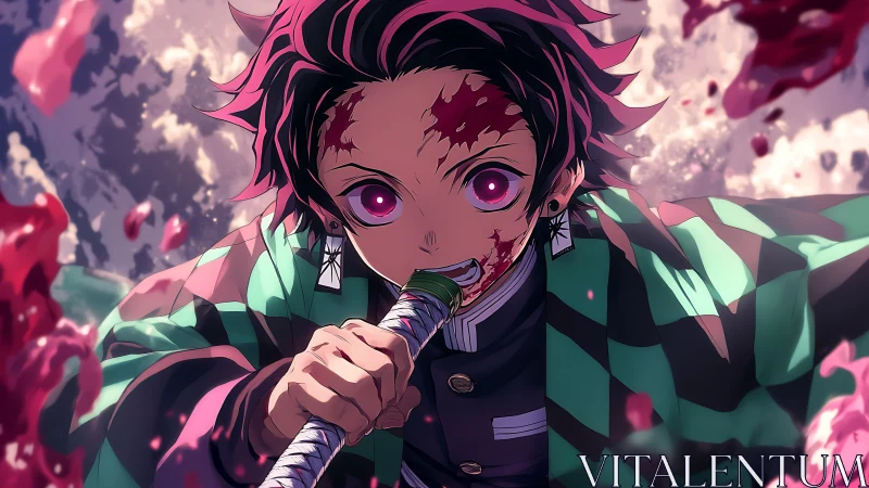 Blood-splattered anime swordsman in dynamic combat close-up.
