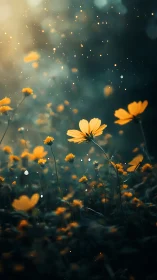 Golden wildflowers shimmer in dreamy twilight glow.