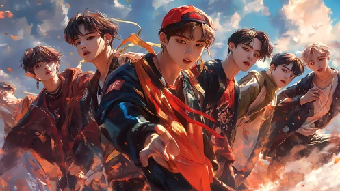 Storm-lit youth collective strides through burning sky dreams.