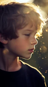 Young child's profile illuminated by golden backlighting