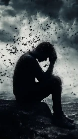 Stormlit silhouette unraveling into drifting shadow fragments.