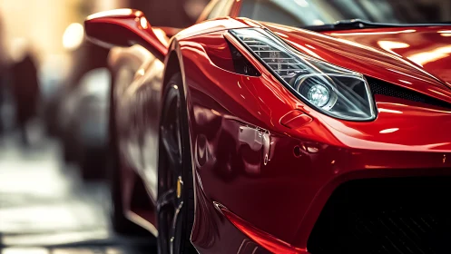 Red sports car close-up with glossy bodywork detail.