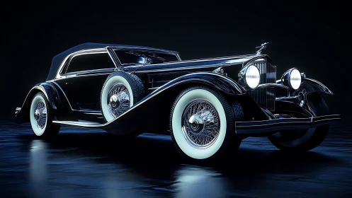 Streamlined vintage roadster in dramatic studio hard light.