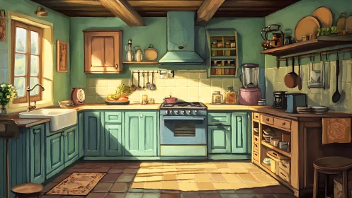 Sunlit rustic kitchen interior with teal cabinets and wood