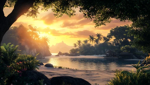 Golden Hour Paradise Framed by Ancient Trees and Tropical Waters