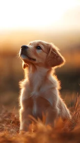 Golden puppy gazes upward in warm autumn sunset glow
