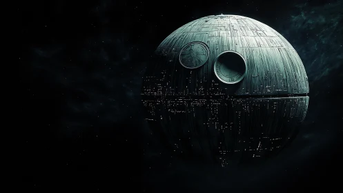 Smiling spherical space station with illuminated panels.