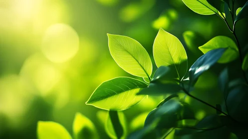 Sunlit green leaves with soft blurred forest background.