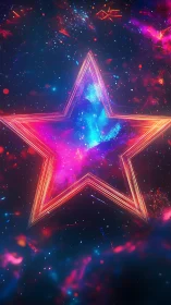 Neon-outlined five-point star frames luminous cosmic nebula core