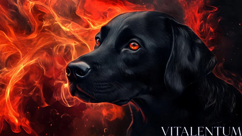 Black labrador digital portrait framed by vivid flames.
