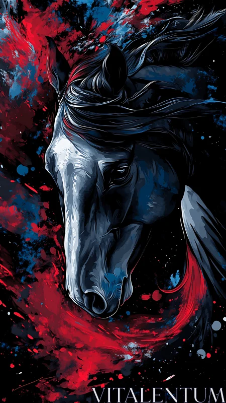 Starlit warhorse plunges through crimson and cobalt storm.