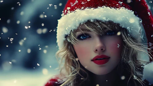Close-up portrait of woman in Santa hat in snowfall.