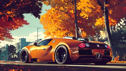 Orange supercar under blazing autumn city trees.