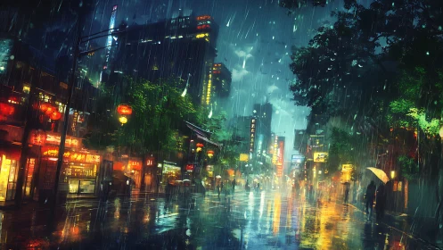 Cyberpunk rain-soaked avenue with neon reflections at night.