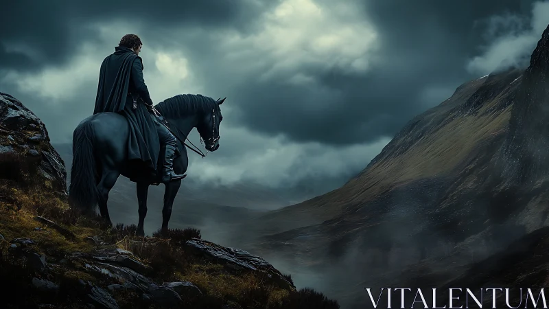 Mounted figure surveys mist-covered valley beneath storm clouds