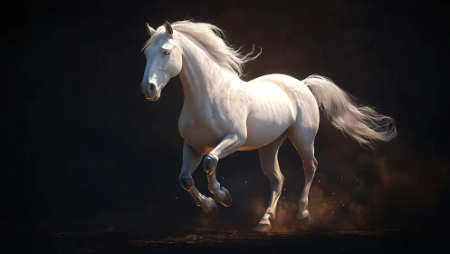 White horse in motion on dark background with dust clouds.