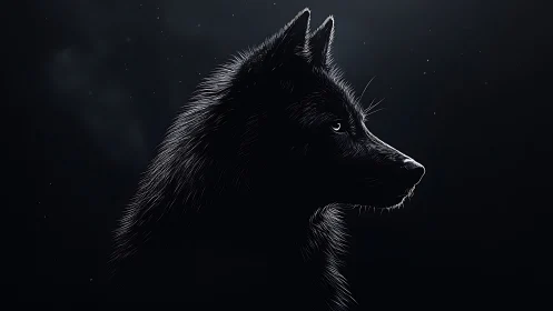 Black wolf side profile in dim light against dark void.