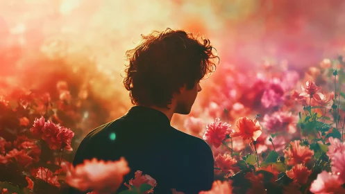 Solitary figure contemplates sunset light amid vivid blossoms