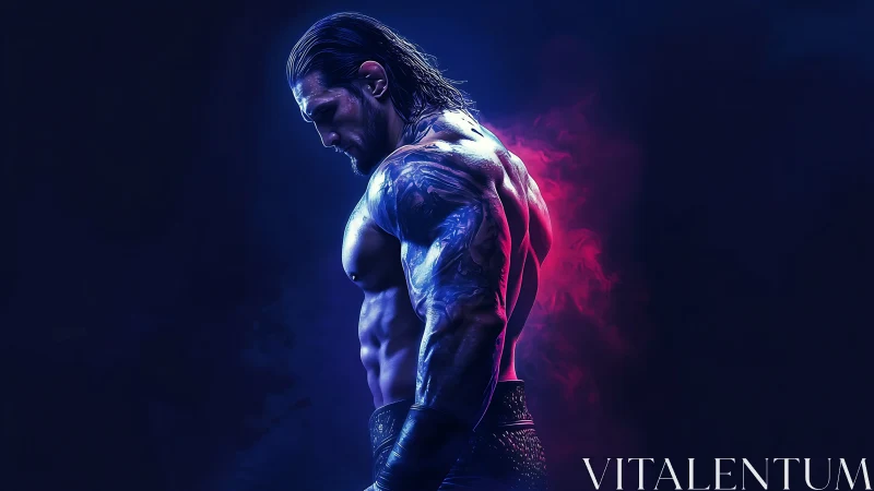 Tattooed fighter stands in neon blue and magenta haze.