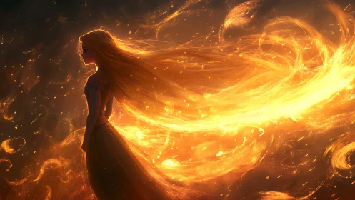 Fiery-haired girl commands swirling golden light field.