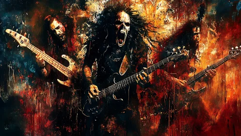 Electric inferno of rock bassists lost in blazing sound.