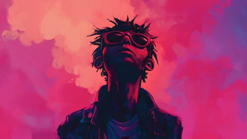 Youthful figure in sunglasses gazes upward through neon haze
