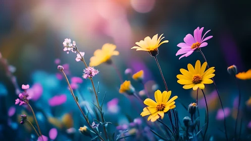 Wildflower field with selective focus on pink and yellow daisies