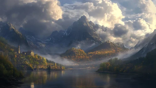 Sunlit mountain haven wrapped in misty autumn dreams.