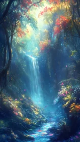 Enchanted Forest Waterfall: Luminescent Foliage and Cascading Streams.