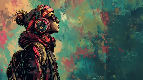 Urban listener in profile against abstract chromatic soundscape