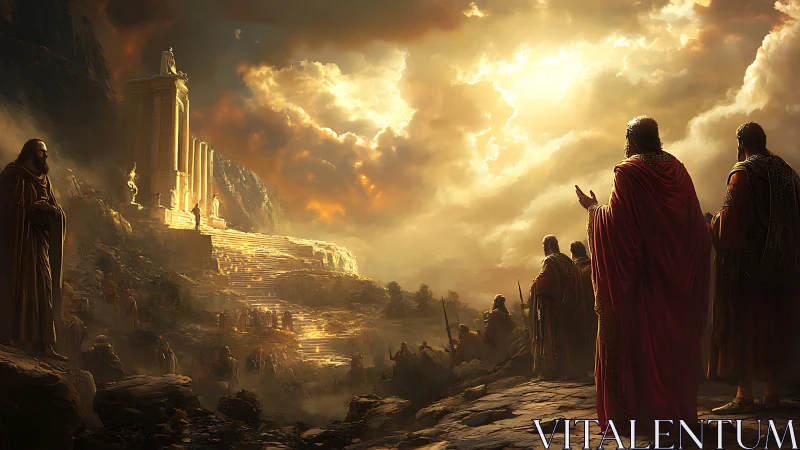 Sunlit pilgrims ascend the stormlit temple of radiant clouds