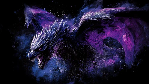 Cosmic dragon rendered in high-contrast nebulous violet plasma