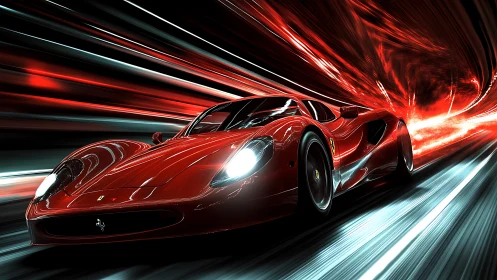 Red supercar racing through a neon lit tunnel at speed.