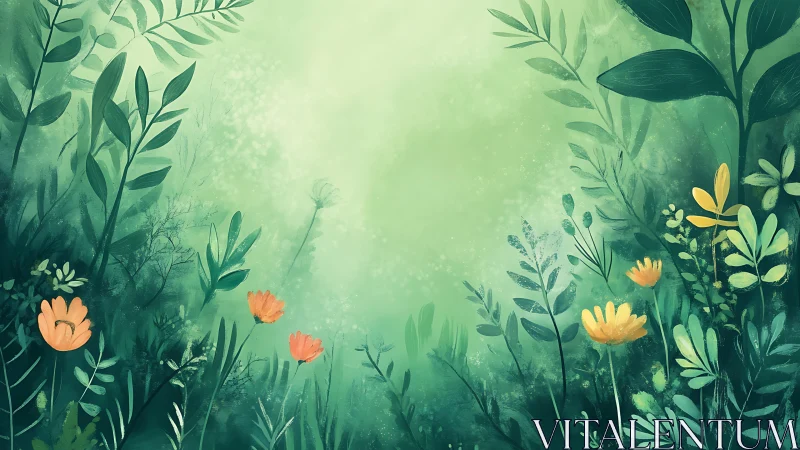 Luminous Garden Dream: Where Emerald Whispers Meet Golden Blooms.