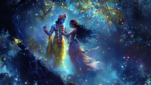 Celestial Dance: Divine Figures Embrace in Luminescent Mystic Realm.