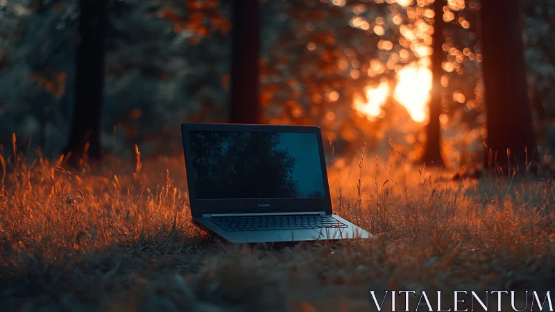 Cozy laptop in glowing forest light inviting quiet focus.