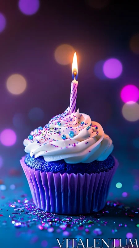 Cupcake with lit candle against soft-focused bokeh background